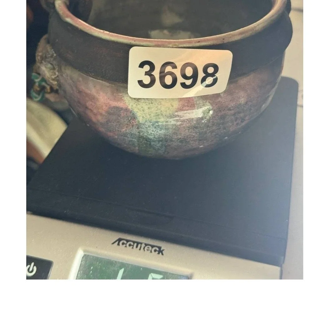 Signed Studio Pottery Bowl‎ Small Pink Purple Iridescent Shell Accents Boho